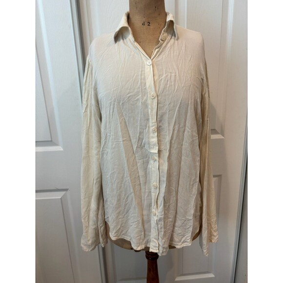 Novella Royale Vintage 80s Rayon, Cream Oversized Long-Sleeved Button Down Top - Picture 1 of 5
